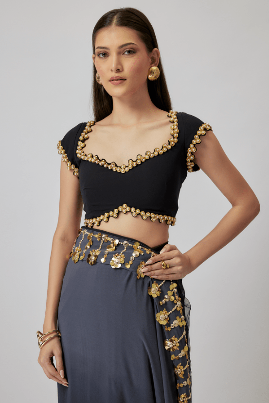 Grey & Black Ombre Georgette Pearl Embroidered Saree Set - Image 3