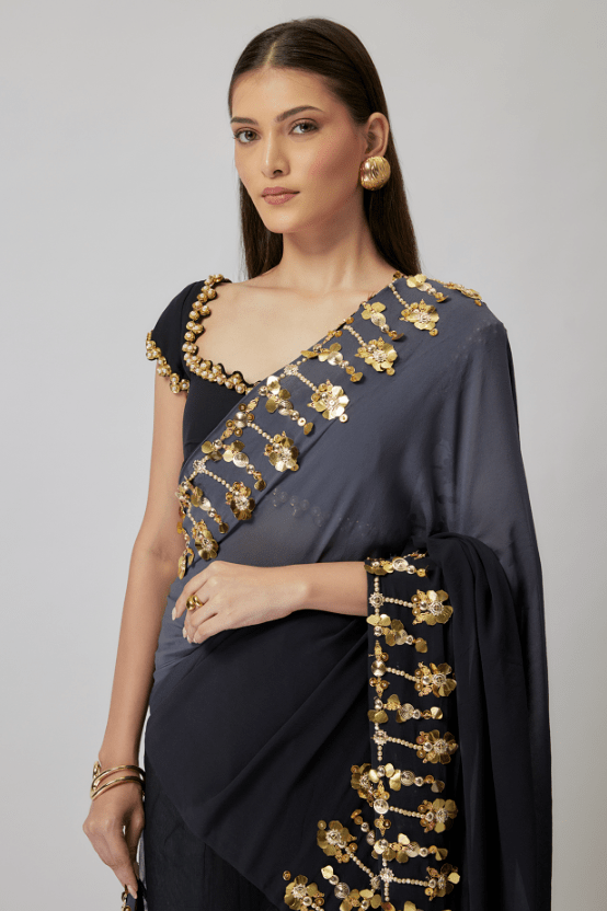 Grey & Black Ombre Georgette Pearl Embroidered Saree Set - Image 4
