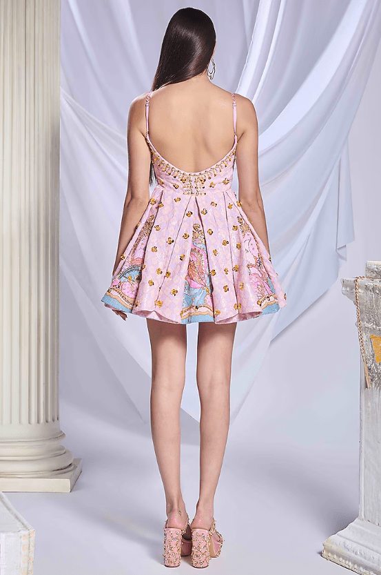 Peach Sequins Embroidered Babydoll Paneled Mini Dress - Image 2