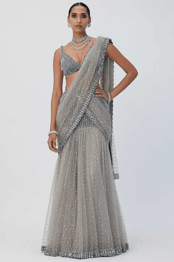 Grey Net Hand Embroidered Pre-Draped Saree Set