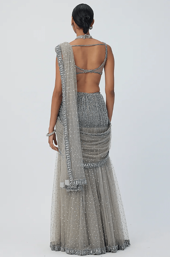 Grey Net Hand Embroidered Pre-Draped Saree Set - Image 2