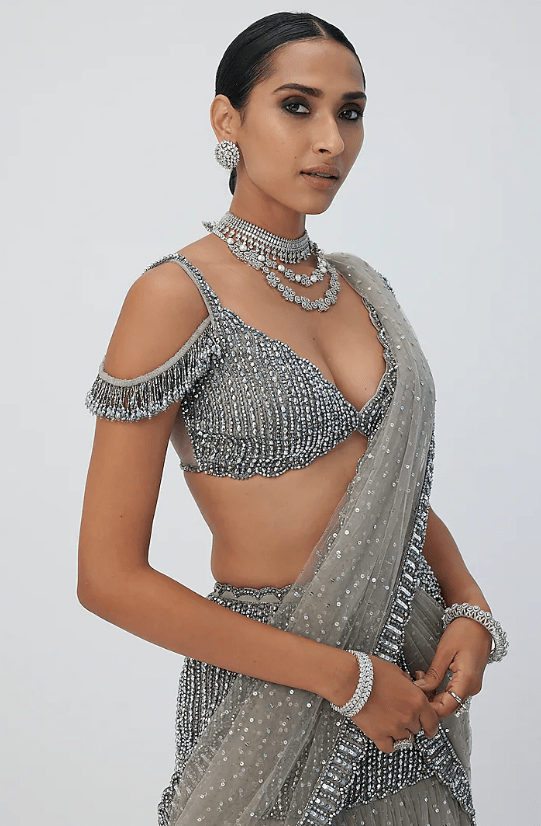 Grey Net Hand Embroidered Pre-Draped Saree Set - Image 3