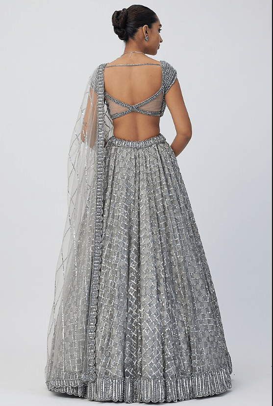 Grey Net Sequins Embroidered Lehenga Set - Image 2