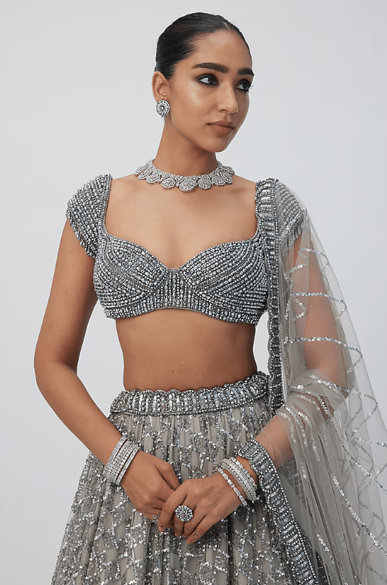 Grey Net Sequins Embroidered Lehenga Set - Image 3