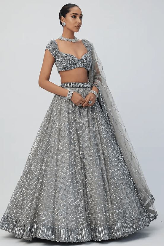 Grey Net Sequins Embroidered Lehenga Set - Image 4