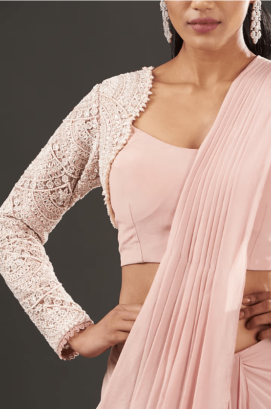 Blush Pink Satin Pre-Draped Saree Set - Image 4