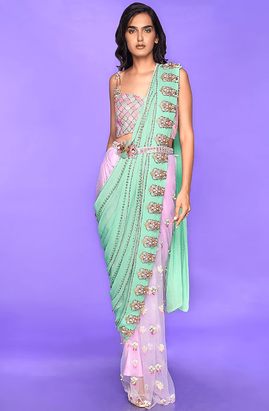 Mint Green Embellished Pre-Stitched Saree Set