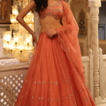 Rust Orange Satin & Organza Hand Embroidered Lehenga Set