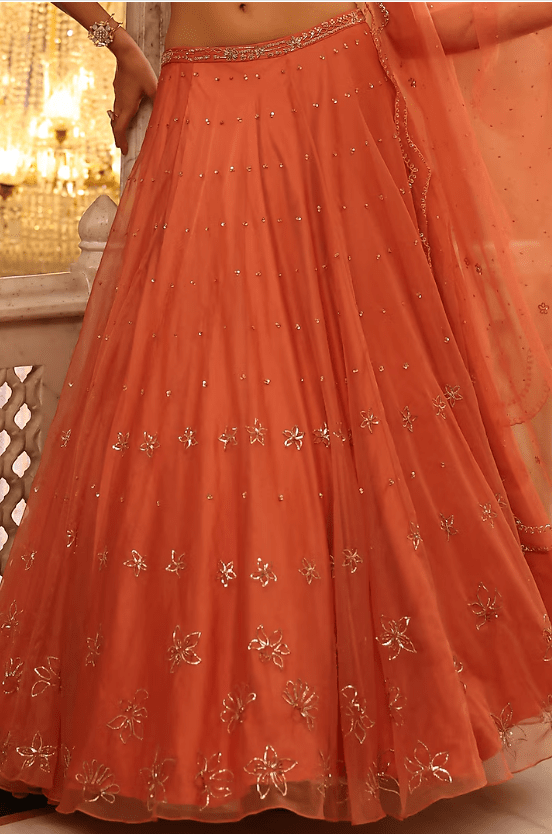 Rust Orange Satin & Organza Hand Embroidered Lehenga Set - Image 3