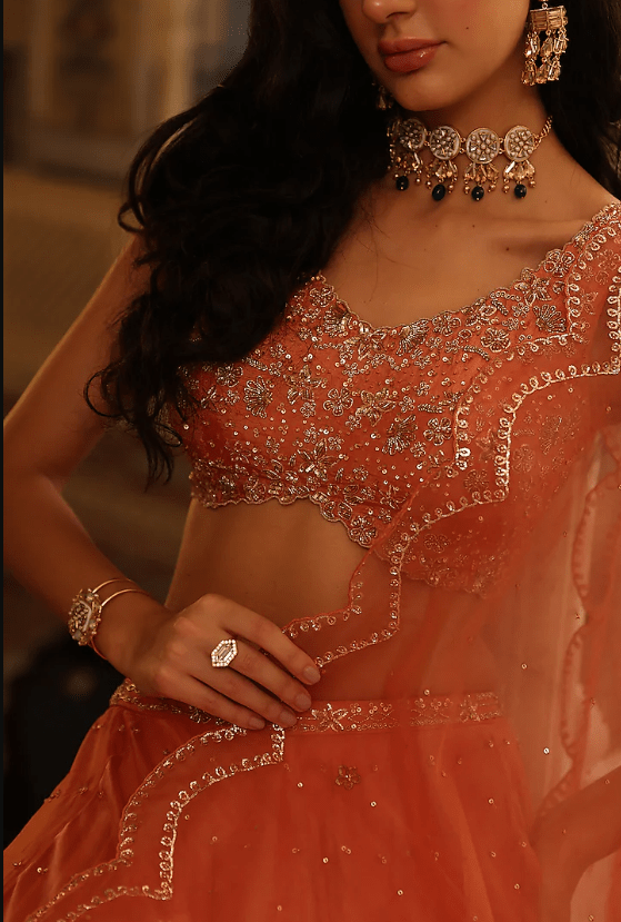 Rust Orange Satin & Organza Hand Embroidered Lehenga Set - Image 4