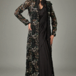 Black Pure Organza & Flat Chiffon Jacket Pre-Draped Saree Set