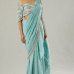 Sky Blue Chiffon & Tulle Pre-Draped Saree Set