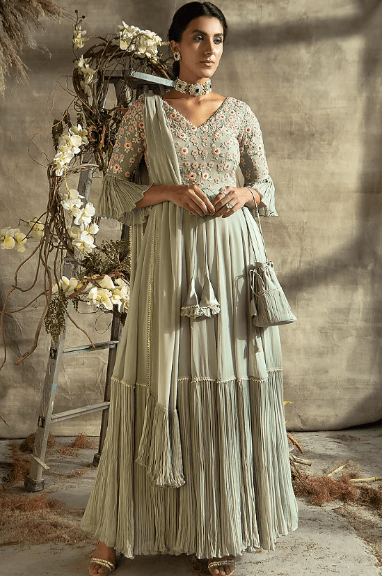 Grey Embroidered Anarkali Set