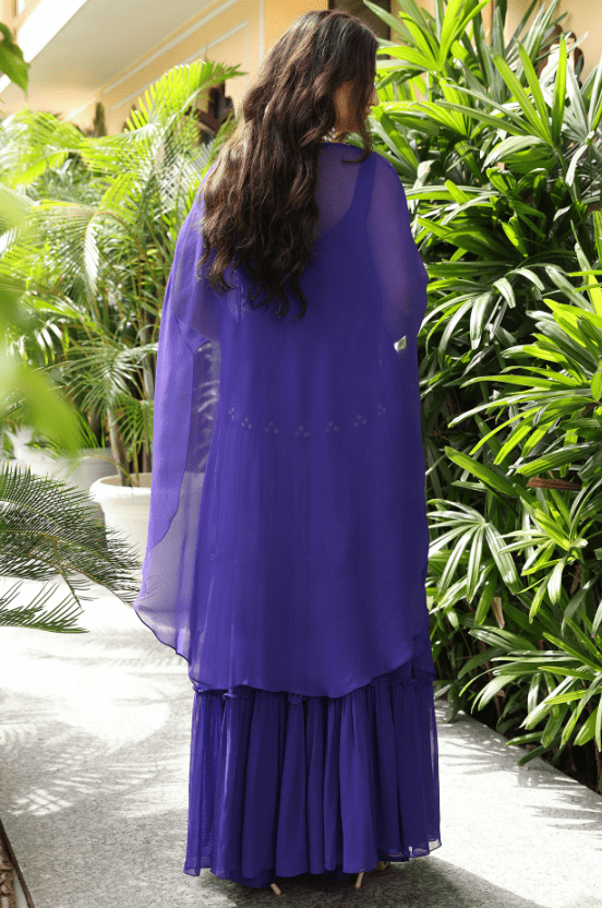 Purple Georgette Hand Embroidered Cape Set - Image 2