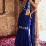 Electric Blue Organza Pearl Embellished Asymmetrical Pre-Stitched Saree Set