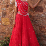 Coral Pink Chiffon Sequins Hand Embellished One-Shoulder Kaftan
