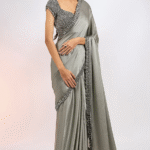 Grey Satin Hand Embroidered Saree Set
