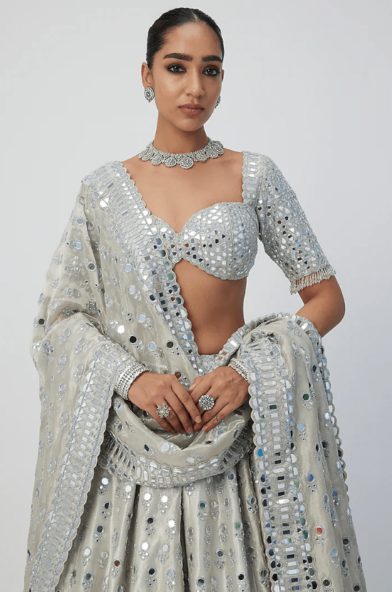 Silver Banarasi Shimmer Organza Lehenga Set - Image 3