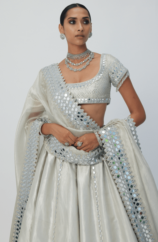 Silver Banarasi Shimmer Organza Lehenga Set - Image 3