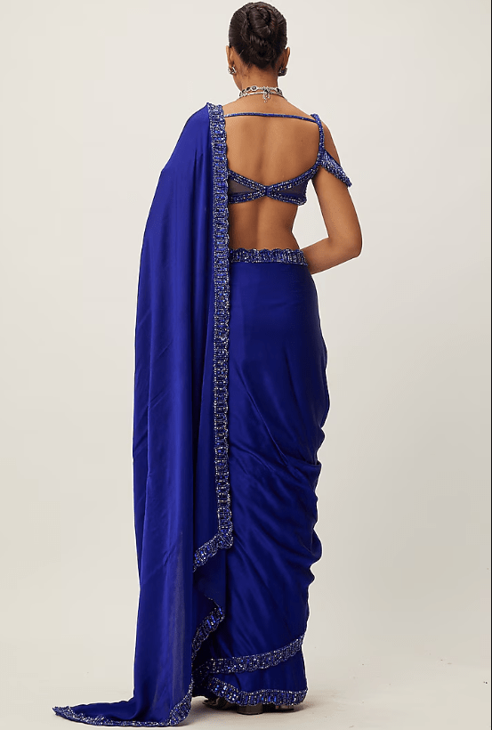 Blue Satin Hand Embroidered Saree Set - Image 2