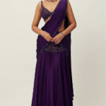 Purple Satin Hand Embroidered Pre-Draped Saree Set