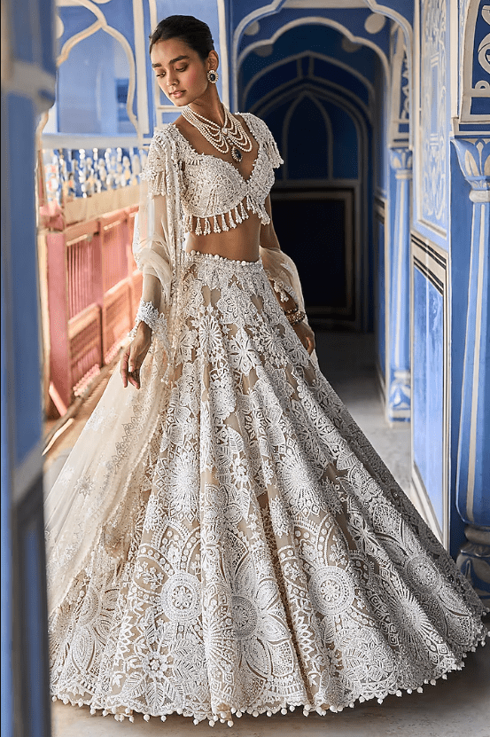 Nude Cream Net Sequins & Pearl Embroidered Lehenga Set