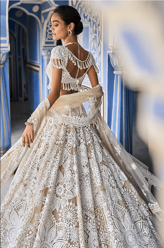 Nude Cream Net Sequins & Pearl Embroidered Lehenga Set - Image 2