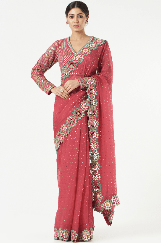 Deep Coral Organza Hand-Cut Mirror Embellished Saree Set