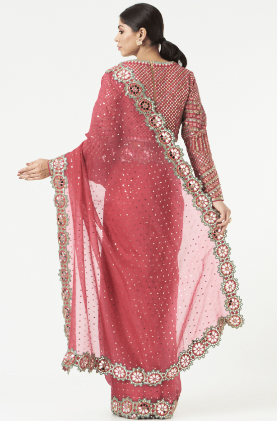 Deep Coral Organza Hand-Cut Mirror Embellished Saree Set - Image 2
