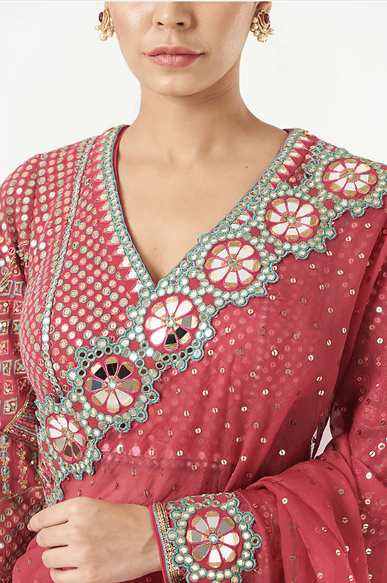 Deep Coral Organza Hand-Cut Mirror Embellished Saree Set - Image 4