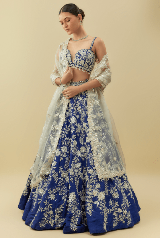 Cobalt Blue Raw Silk Sequins Embroidered Lehenga Set