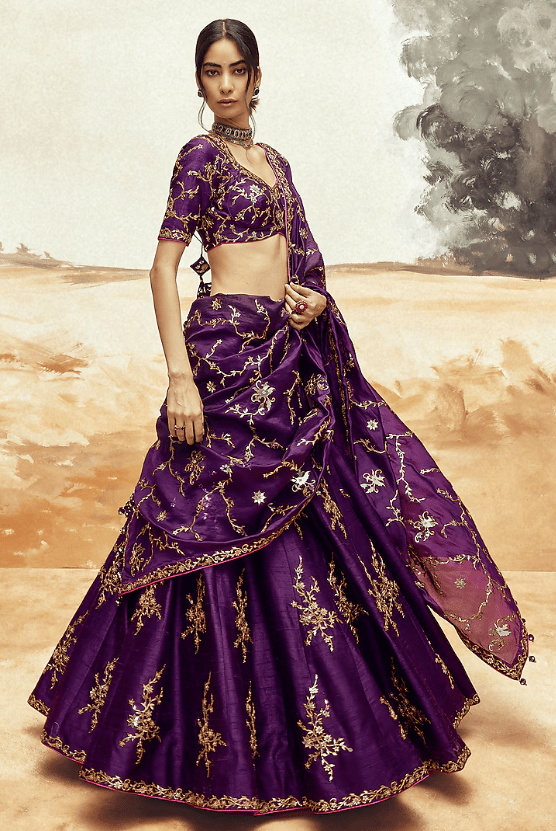 Baingani Purple Raw Silk Patra & Dori Work Lehenga Set