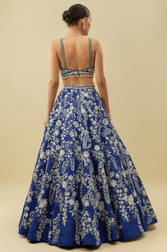 Cobalt Blue Raw Silk Sequins Embroidered Lehenga Set - Image 2