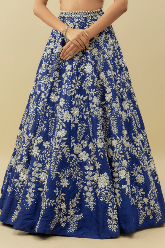 Cobalt Blue Raw Silk Sequins Embroidered Lehenga Set - Image 3