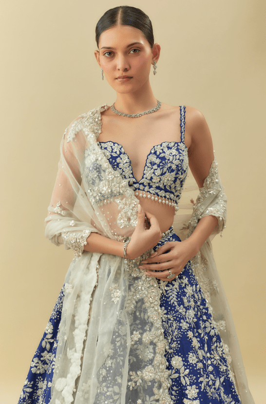 Cobalt Blue Raw Silk Sequins Embroidered Lehenga Set - Image 4