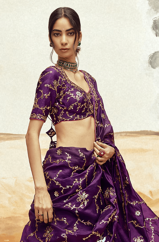 Baingani Purple Raw Silk Patra & Dori Work Lehenga Set - Image 4
