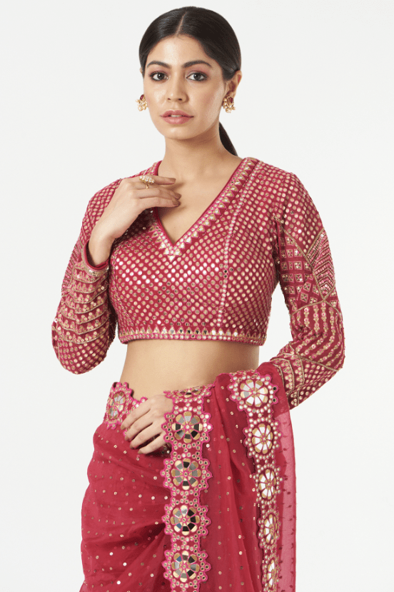 Crimson Red Tulle Sequins Embellished Saree Set - Image 3