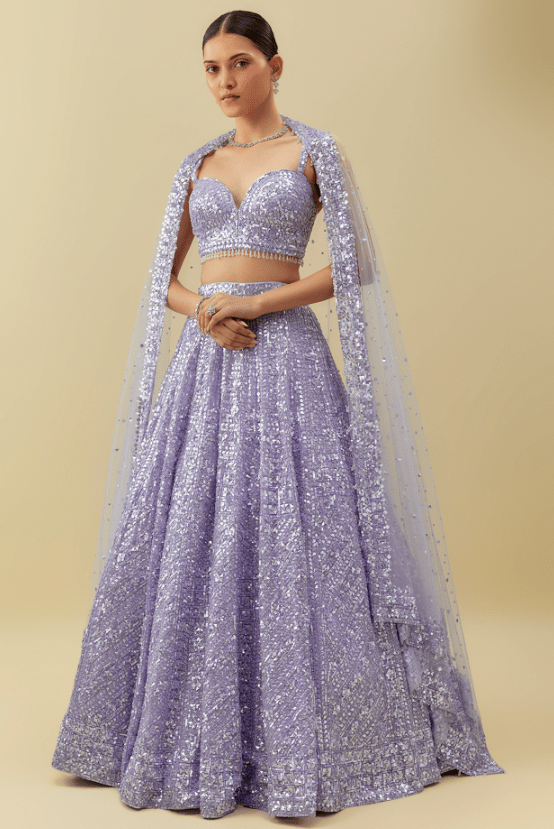Lavender Net Sequins Embroidered Lehenga Set