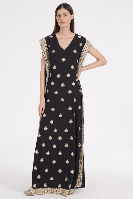 Cold Black Georgette Sequin & Mirror Embroidered Kaftan