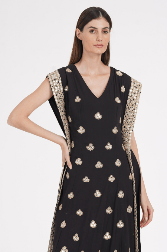 Cold Black Georgette Sequin & Mirror Embroidered Kaftan - Image 3