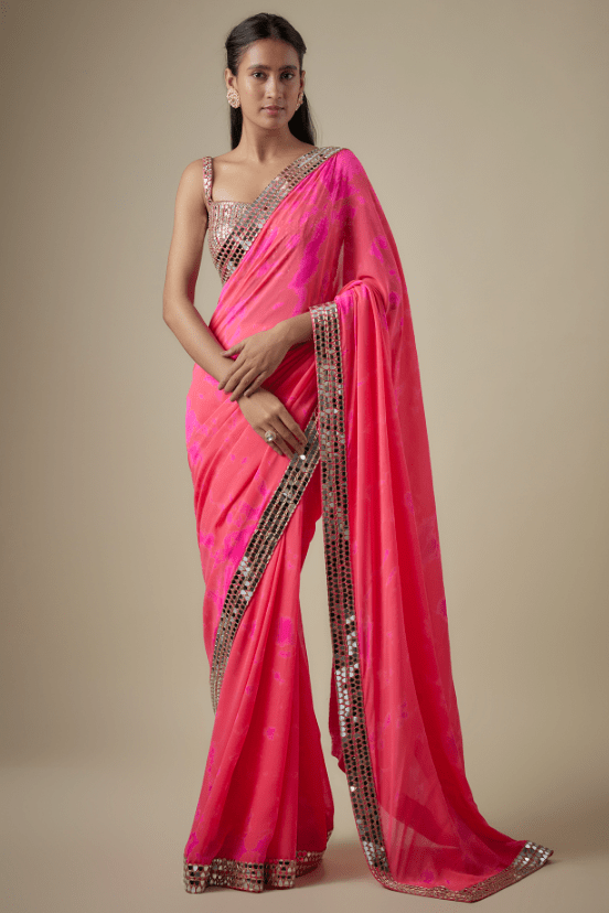 Pink & Orange Georgette Hand Tie-Dye Saree Set