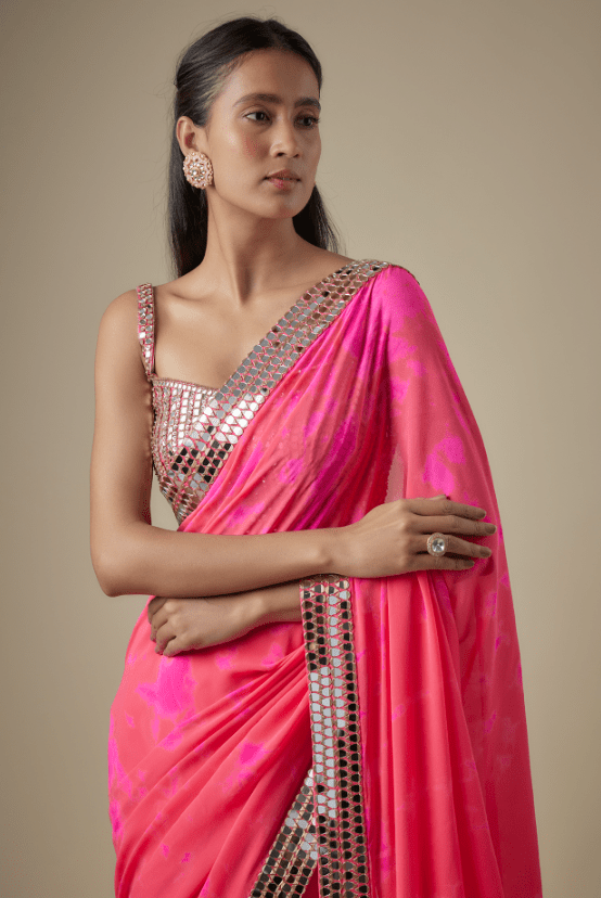 Pink & Orange Georgette Hand Tie-Dye Saree Set - Image 4