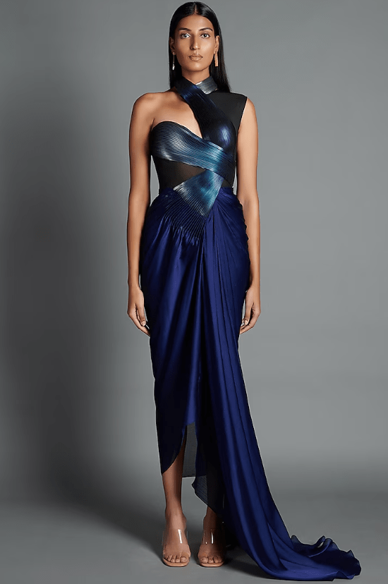 Ink Blue Metallic Draped Dress