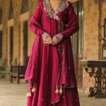 Wine Silk Chanderi Resham Embroidered Angrakha Set