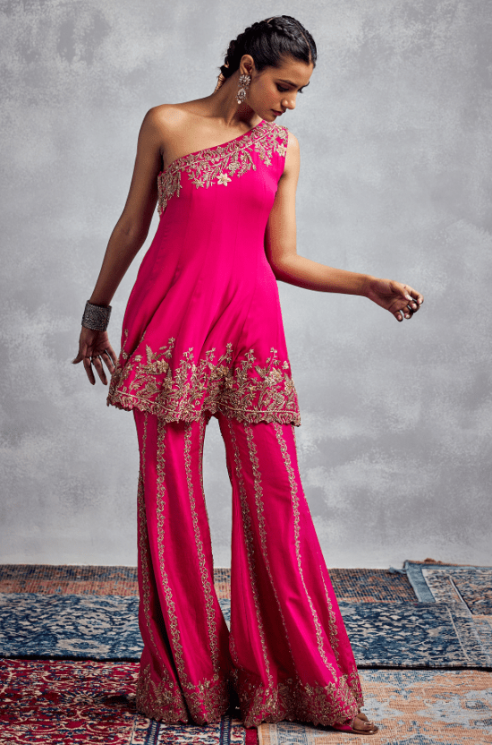 Fuchsia Silk Georgette Embroidered Pant Set
