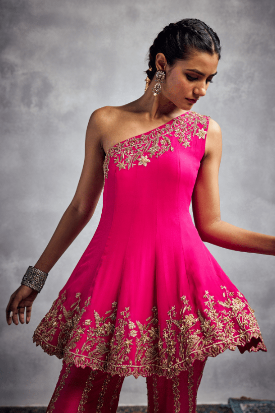 Fuchsia Silk Georgette Embroidered Pant Set - Image 4