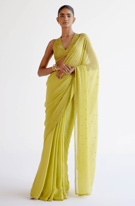 Green Chiffon & Modal Satin Mukaish Embroidered Saree Set