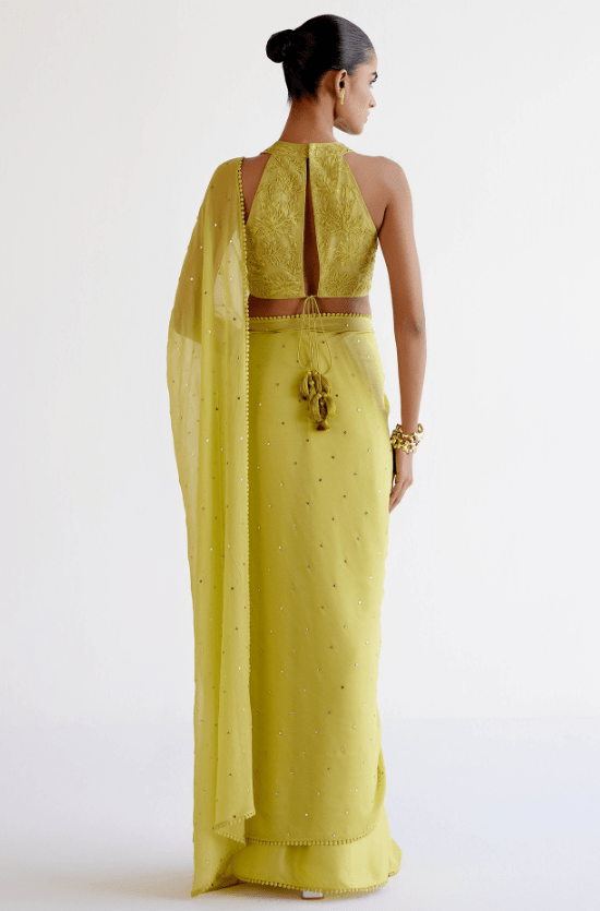 Green Chiffon & Modal Satin Mukaish Embroidered Saree Set - Image 2