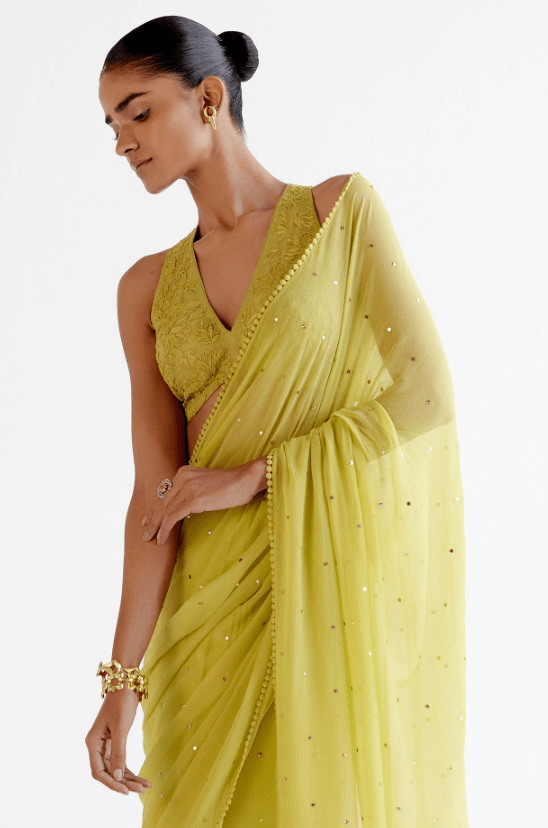 Green Chiffon & Modal Satin Mukaish Embroidered Saree Set - Image 4