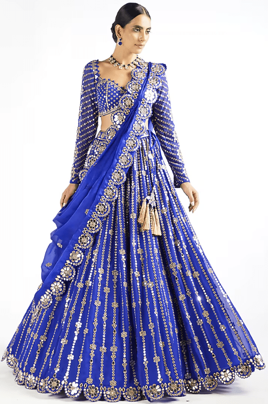 Royal Blue Georgette Mirror Embellished Lehenga Set